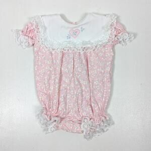 Vintage Bryan Bubble Romper Baby Girls Size 6-9m Pink Floral Frilly Heart